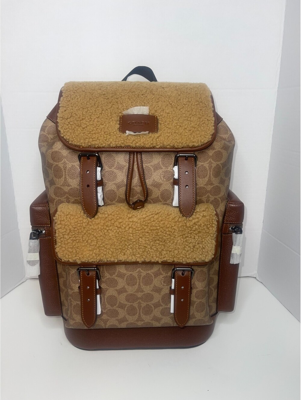 Men’s Sprint Backpack in Signature Canvas & Shearling–Gunmetal/Tan/Vintage Brown